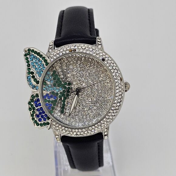 Off Park Women's Watch Crystal Bling Butterfly New Black Leather Bands Battery - Picture 1 of 13